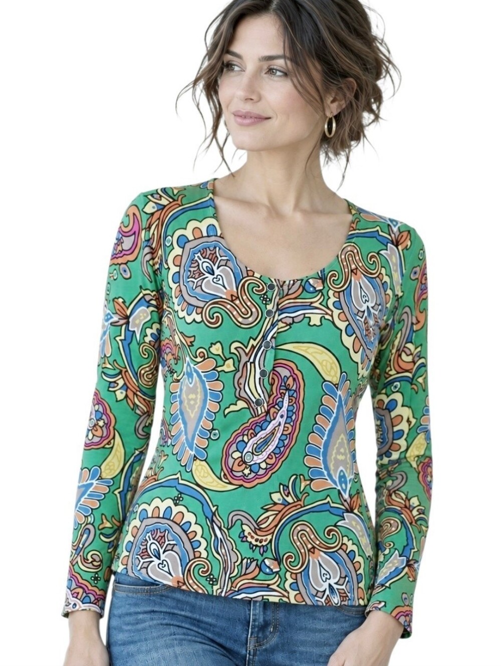 RED Paisley Print Scoop Neck Button Front Lightweight Knit Sweater Boho Y2K  M